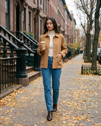 Women's Cropped Cashmere Coat in camel worn on a New York brownstone street in autumn