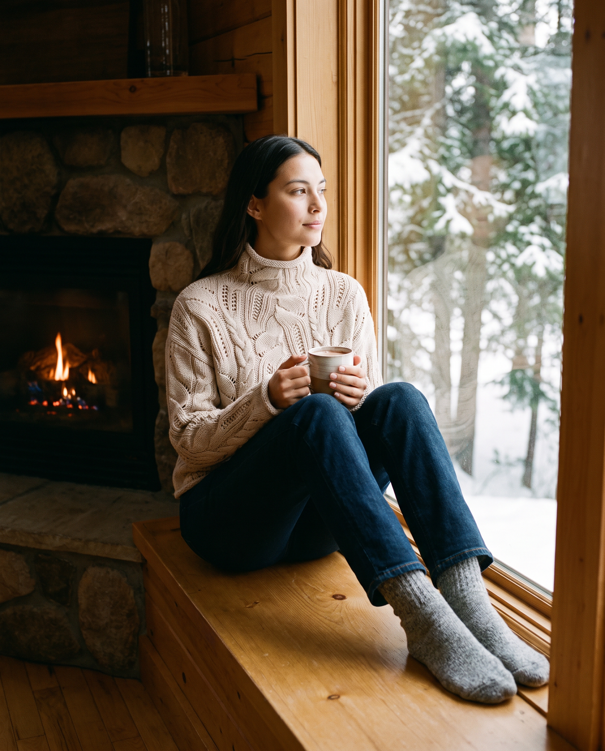 Women's Cashmere Blend Turtleneck Sweater in beige, with hot cocoa by a snowy cabin window