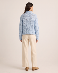 Women's Cashmere Blend Turtleneck Sweater, Open Cable Knit — light blue, studio back