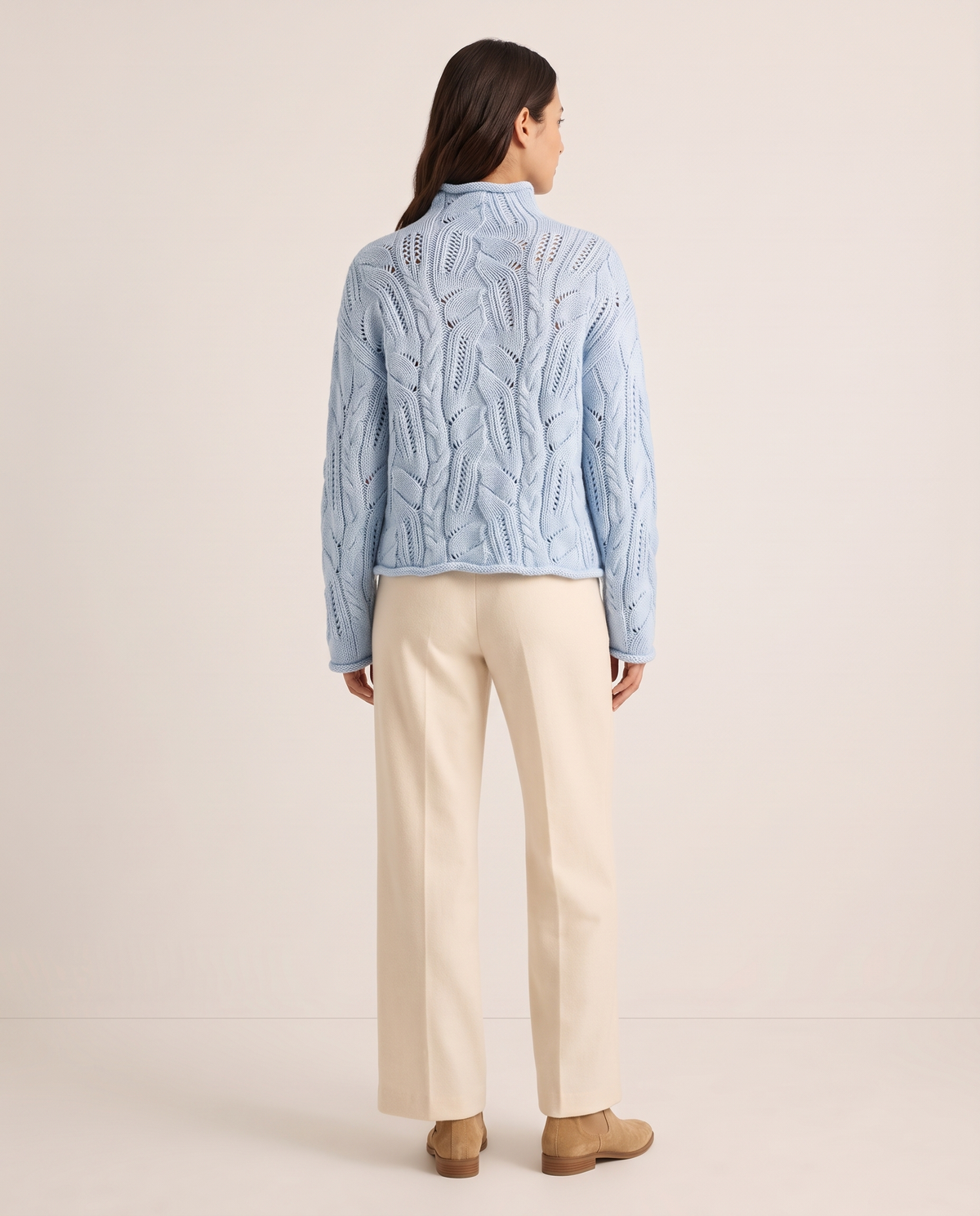 Women's Cashmere Blend Turtleneck Sweater, Open Cable Knit — light blue, studio back