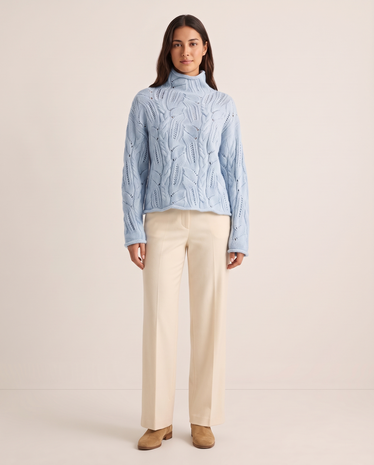 Women's Cashmere Blend Turtleneck Sweater, Open Cable Knit — light blue, studio front