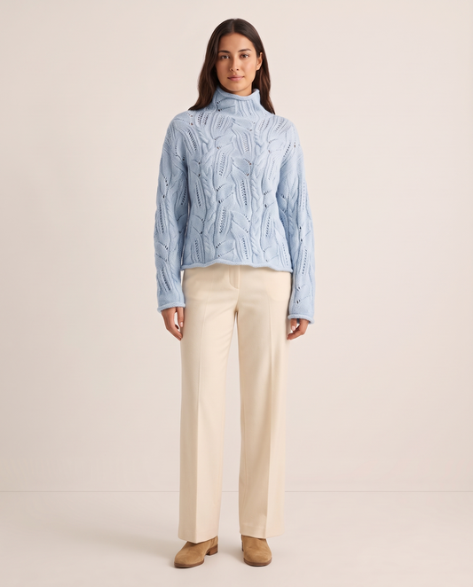Women's Cashmere Blend Turtleneck Sweater, Open Cable Knit — light blue, studio front