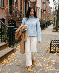 Women's Cashmere Blend Turtleneck Sweater in light blue, walking a New York brownstone street in late fall
