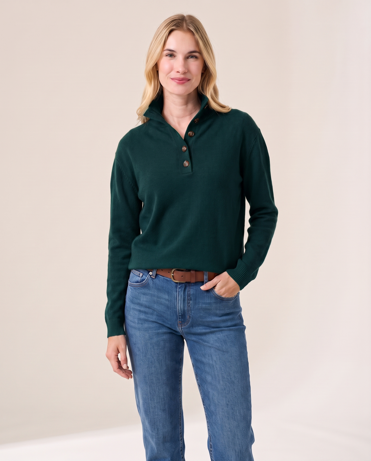 Women's Cashmere Stand Collar Sweater in Atlantic green, studio front