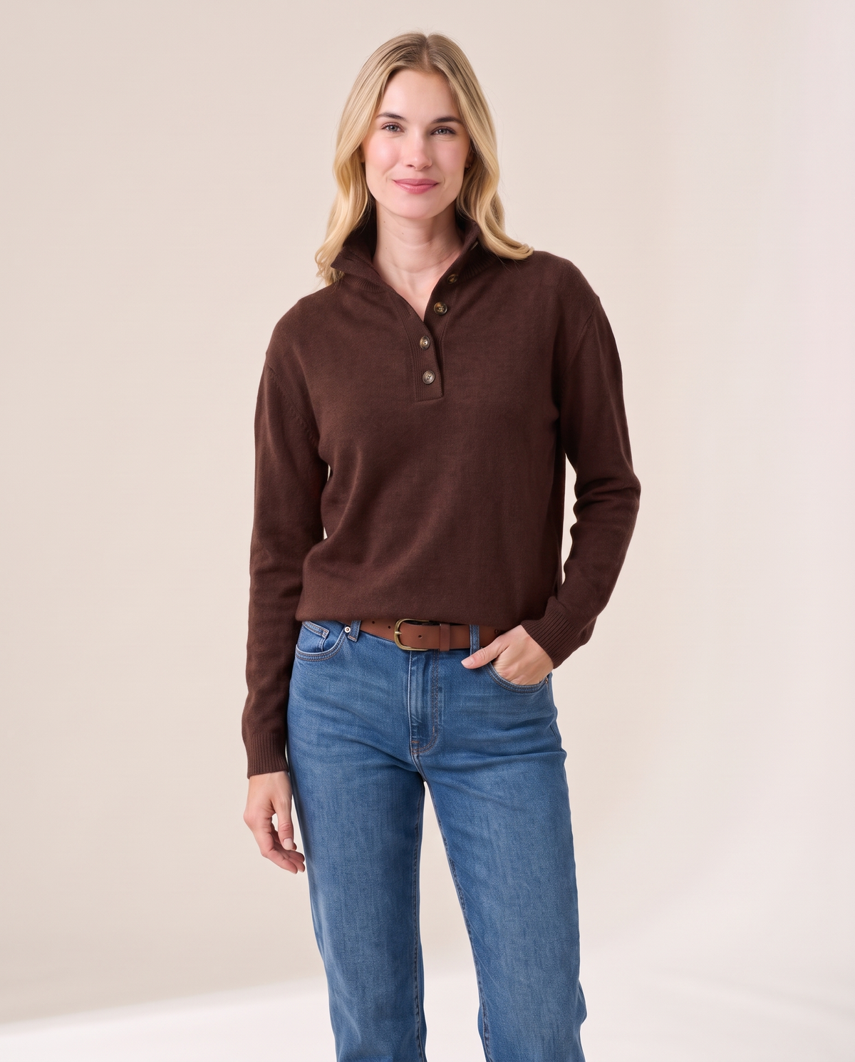 Women's Cashmere Stand Collar Sweater in Chocolate Brown, studio front
