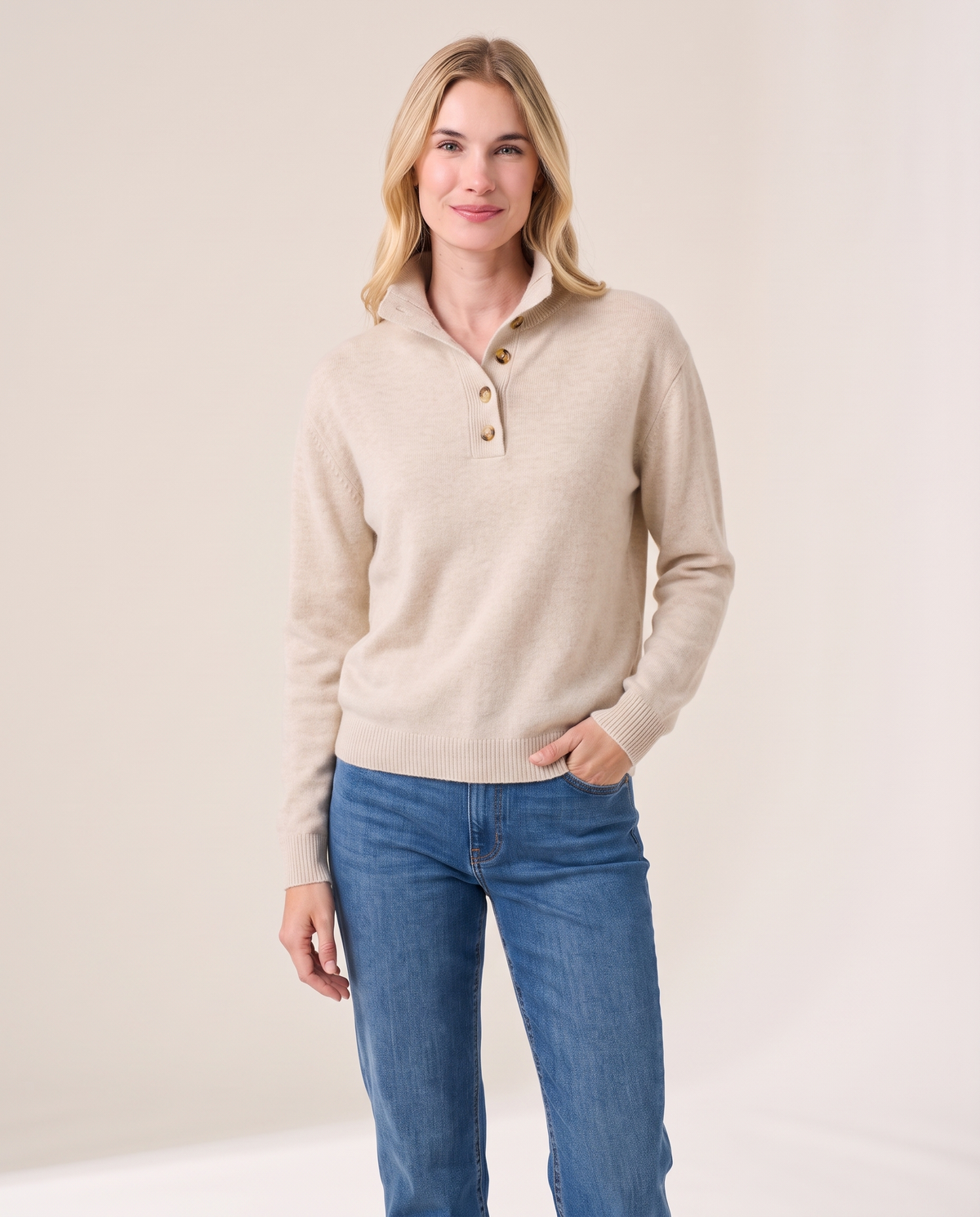 Women's Cashmere Stand Collar Sweater in Oatmeal, studio front