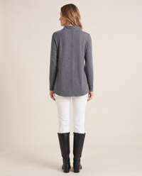 Women's Asymmetric Cowl Neck Top — charcoal gray, back view with center seam