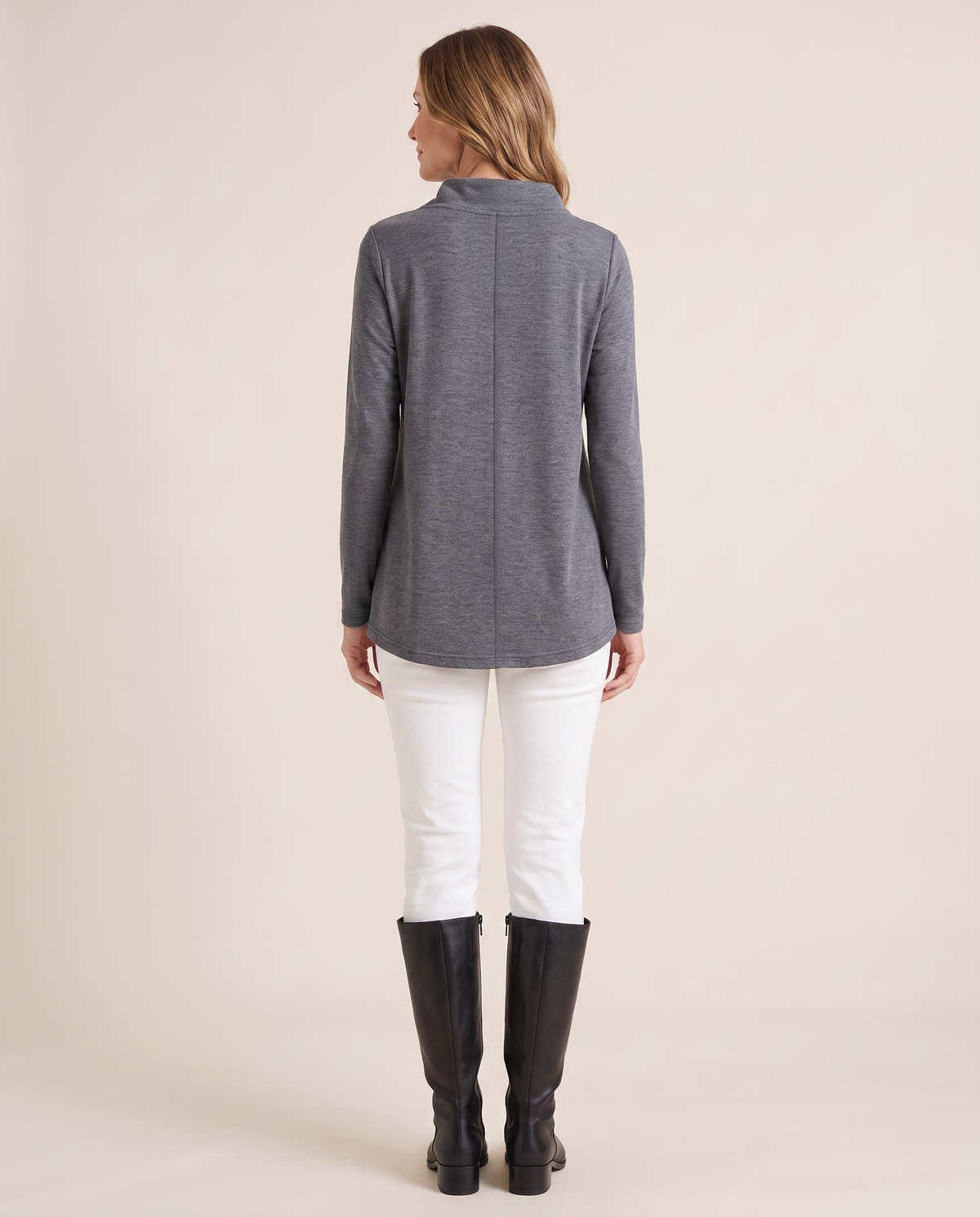 Women's Asymmetric Cowl Neck Top — charcoal gray, back view with center seam