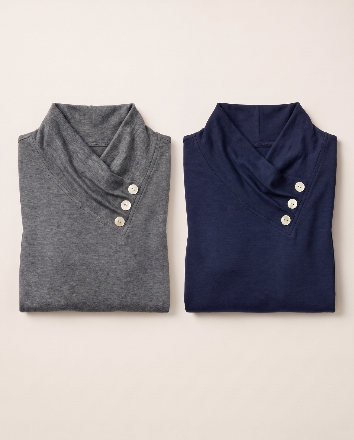 Women's Asymmetric Cowl Neck Top 2-pack — charcoal gray and navy blue, folded side by side