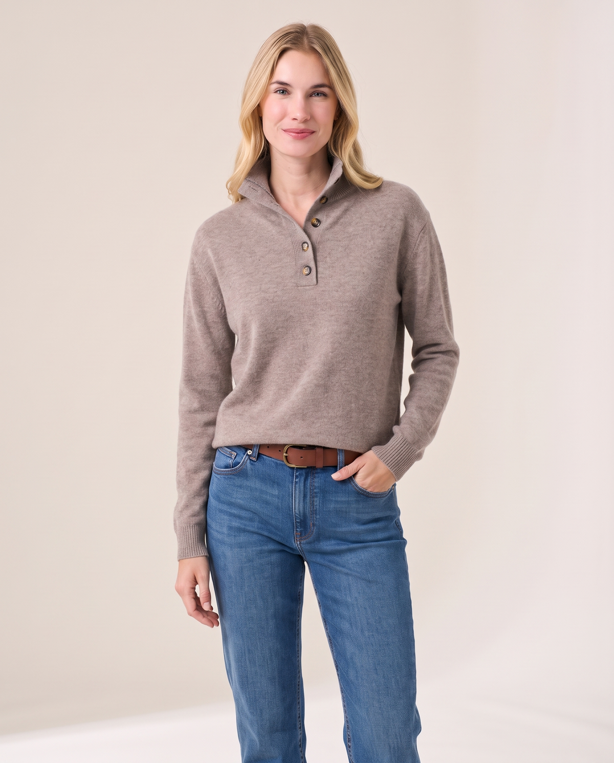Women's Cashmere Stand Collar Sweater in Toast, studio front