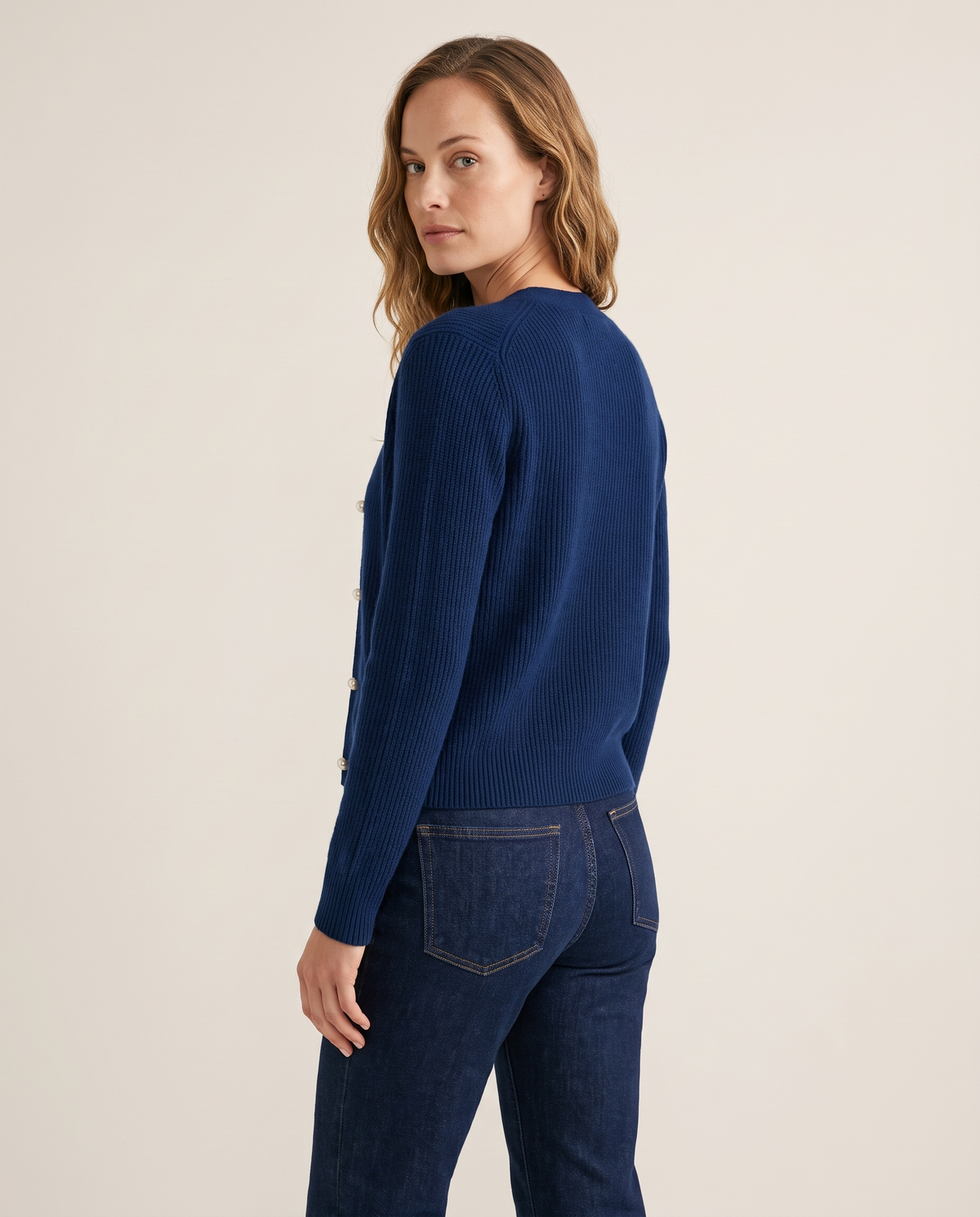 Women's Cashmere V-Neck Cardigan in Sapphire Navy, 3/4 back view