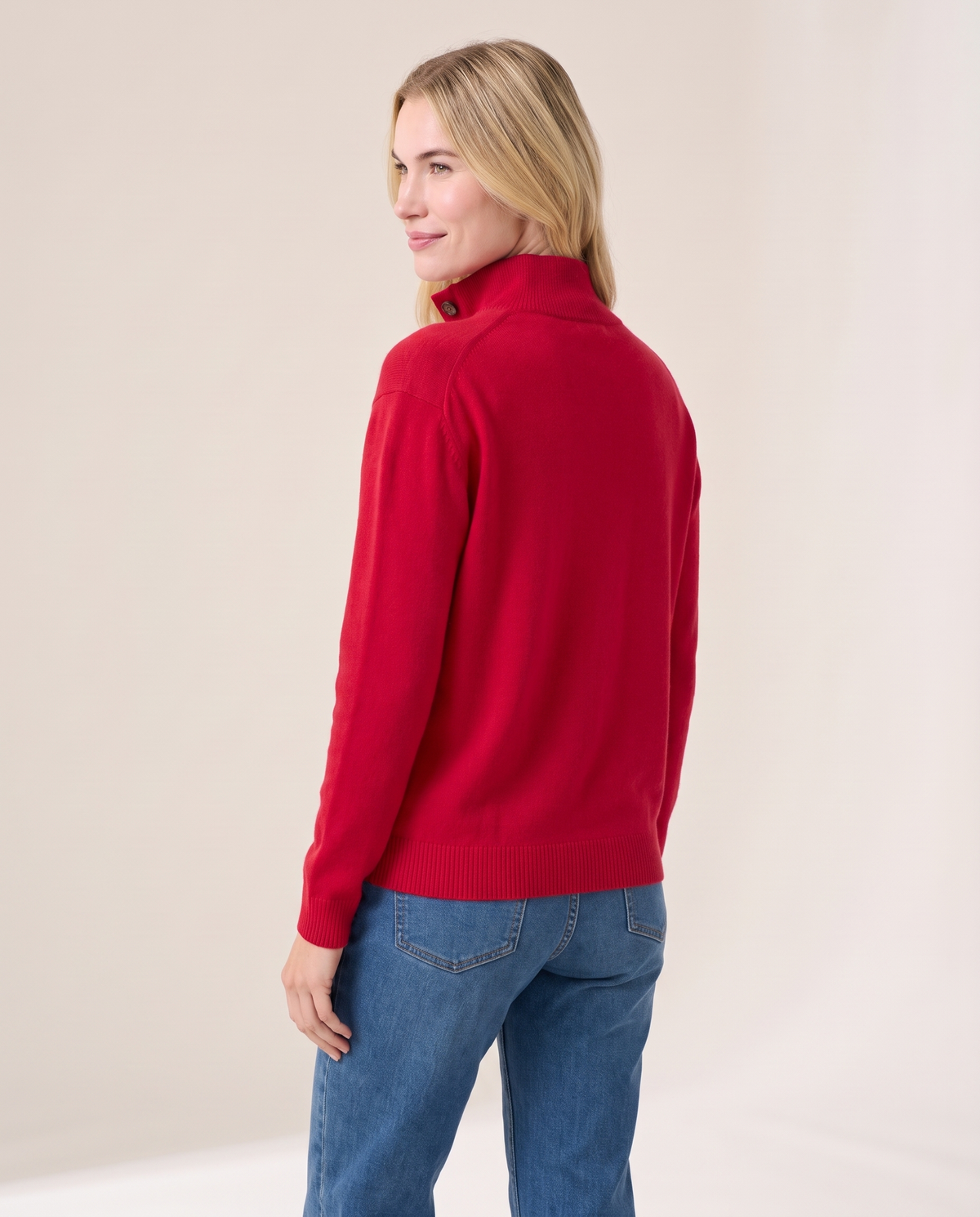 Women's Cashmere Stand Collar Sweater in Cranberry Red, 3/4 back view