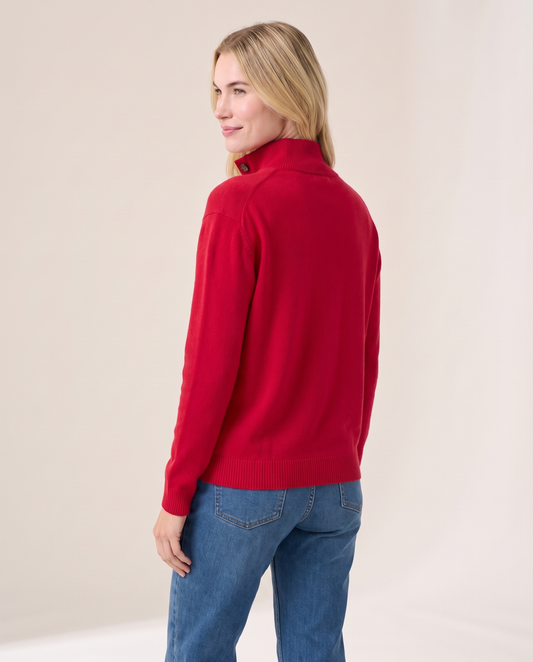 Women's Cashmere Stand Collar Sweater in Cranberry Red, 3/4 back view