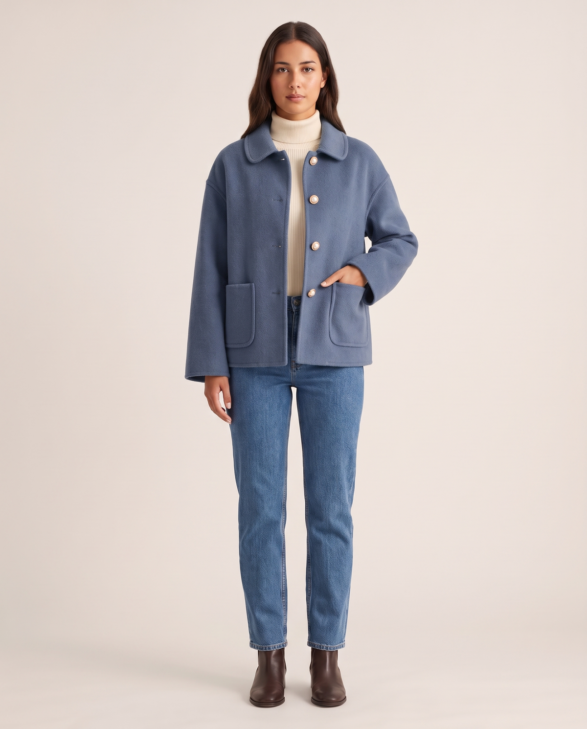 Women's Cropped Cashmere Coat in blue — studio front