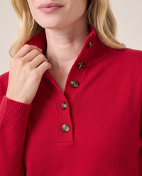Women's Cashmere Stand Collar Sweater, close-up of the stand collar, tortoiseshell button placket and fine cashmere knit
