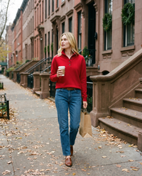 Women's Cashmere Stand Collar Sweater in Cranberry Red worn on a New York brownstone street in late fall