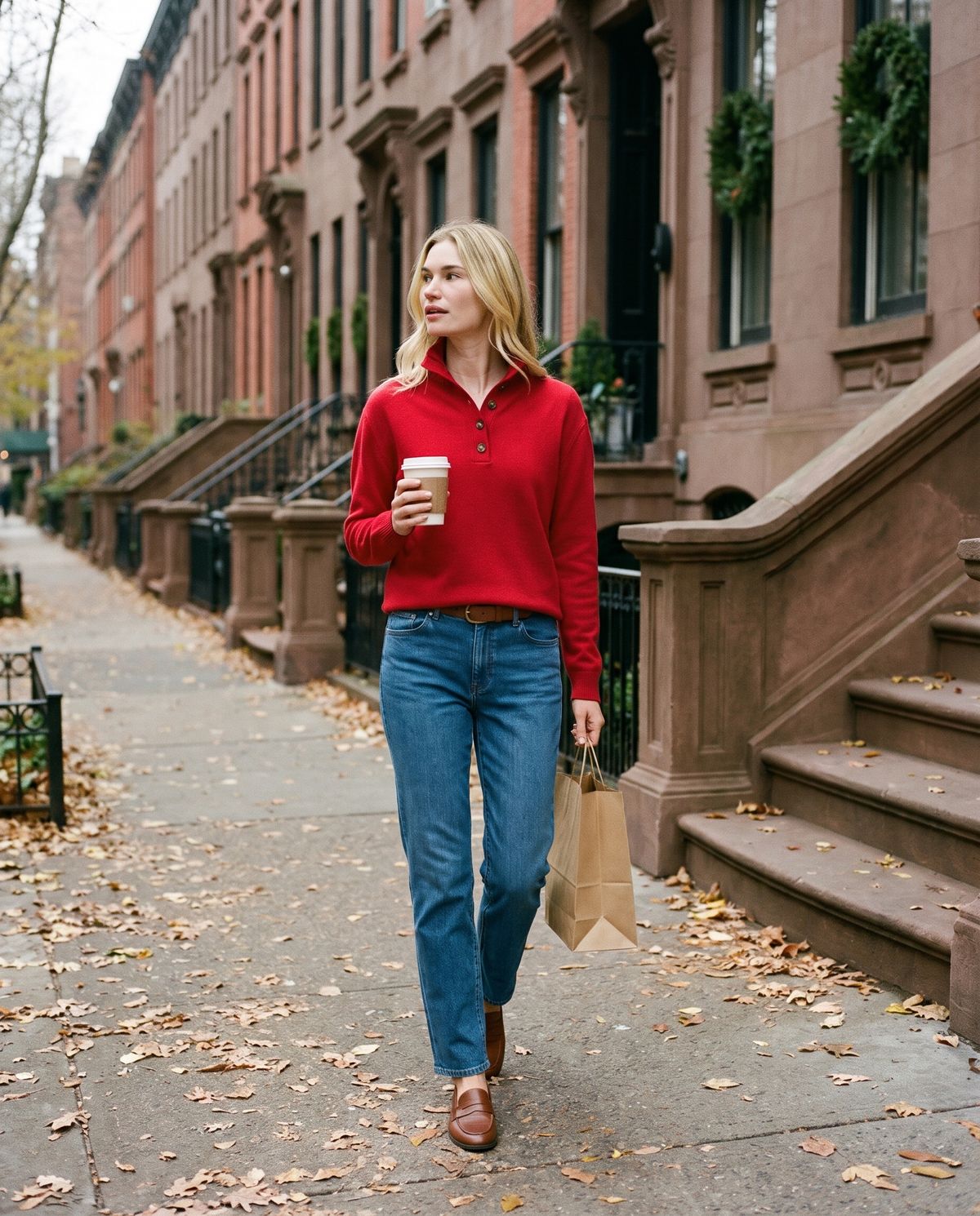 Women's Cashmere Stand Collar Sweater in Cranberry Red worn on a New York brownstone street in late fall