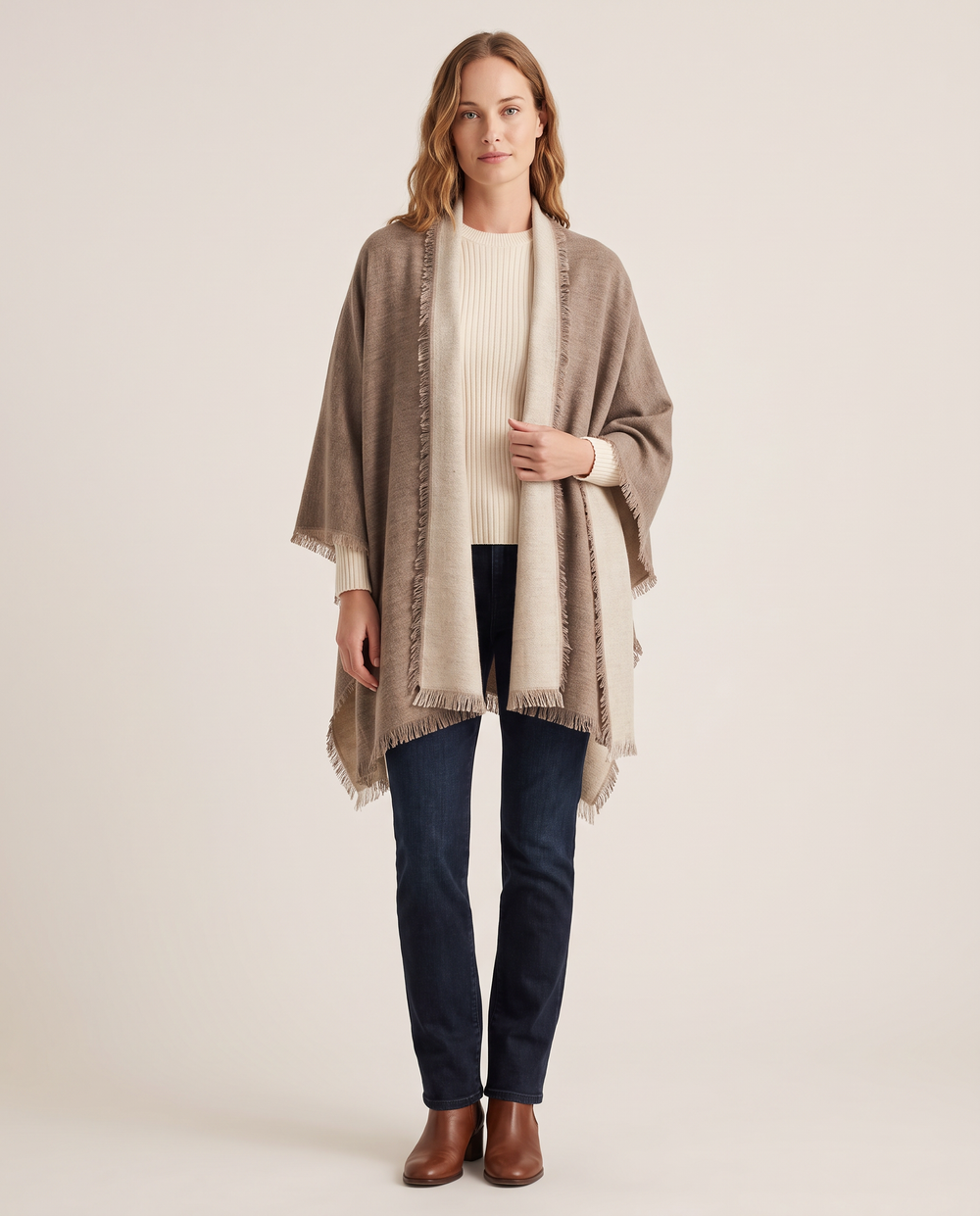 Women's Oversized Cashmere Wrap Scarf in Heather Toast / Oatmeal, studio front