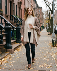 Women's Oversized Cashmere Wrap Scarf worn on a New York brownstone street in late fall