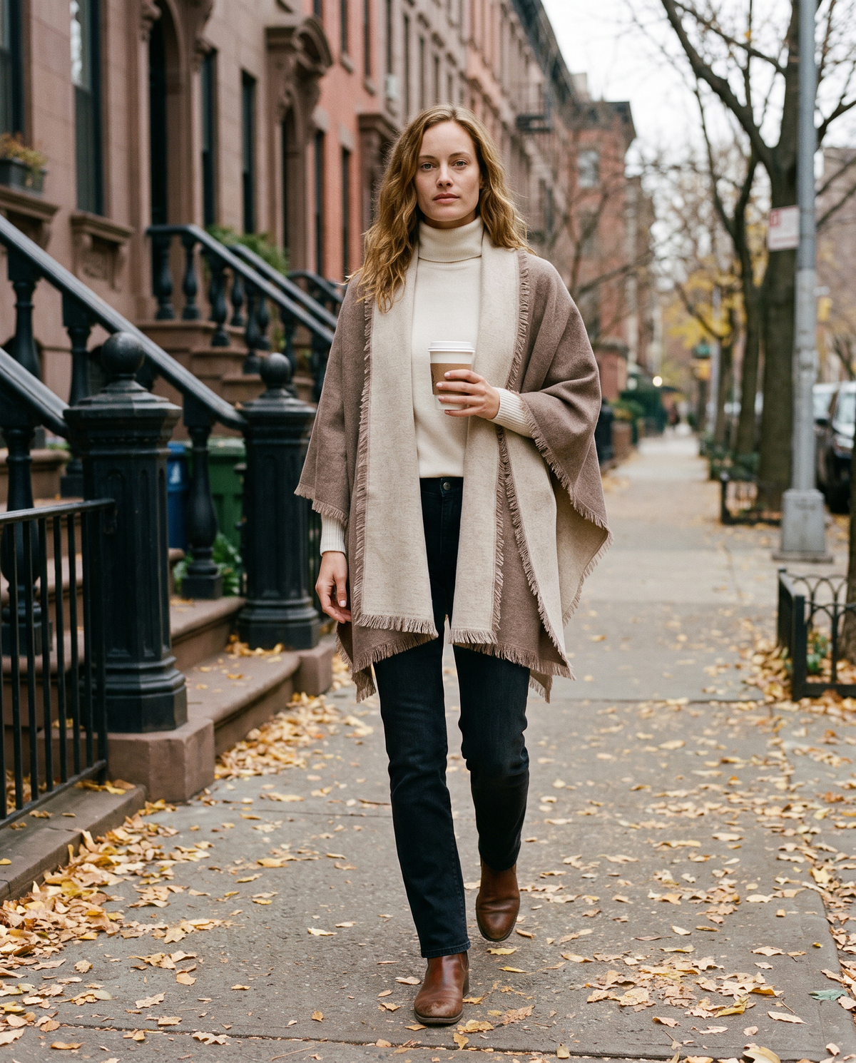 Women's Oversized Cashmere Wrap Scarf worn on a New York brownstone street in late fall
