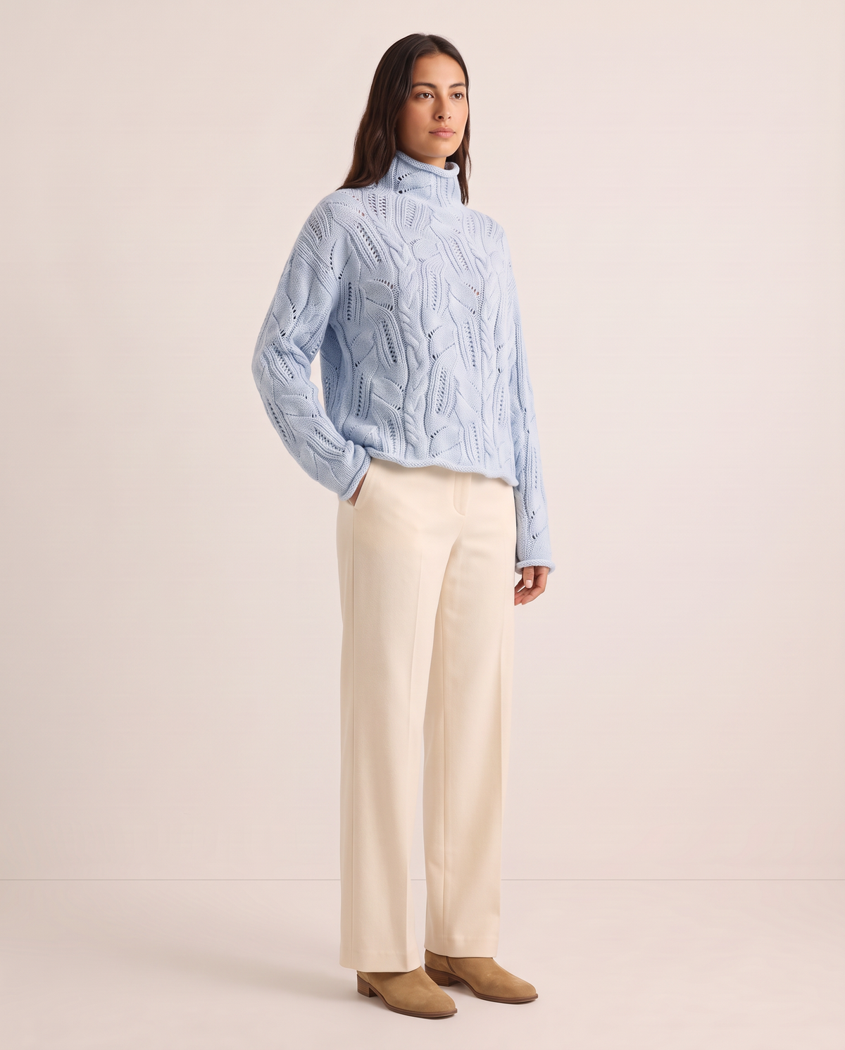 Women's Cashmere Blend Turtleneck Sweater, Open Cable Knit — light blue, 3/4 view