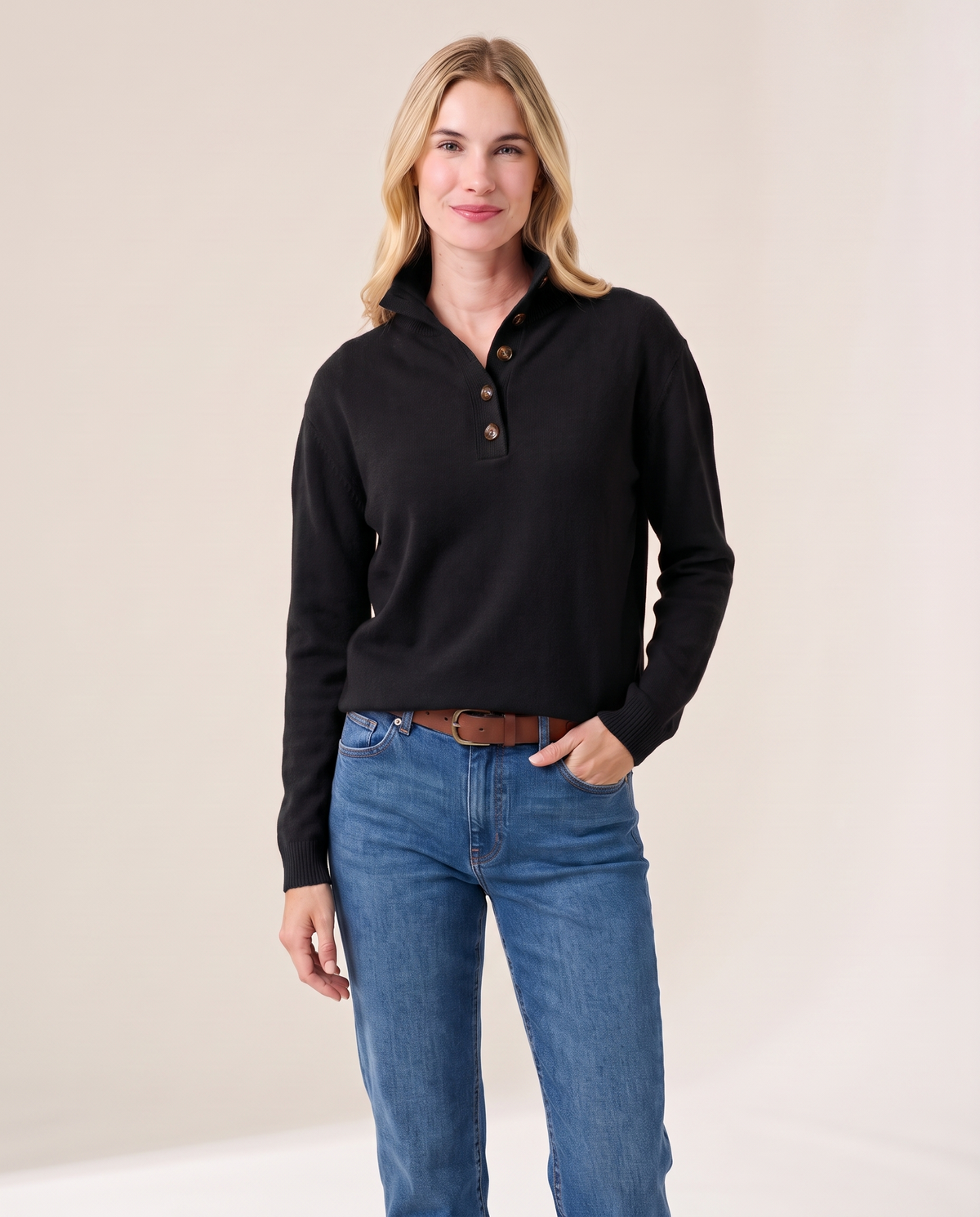 Women's Cashmere Stand Collar Sweater in Black, studio front