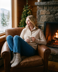 Women's Cashmere Stand Collar Sweater in Oatmeal worn by the fireplace in a cozy winter cabin