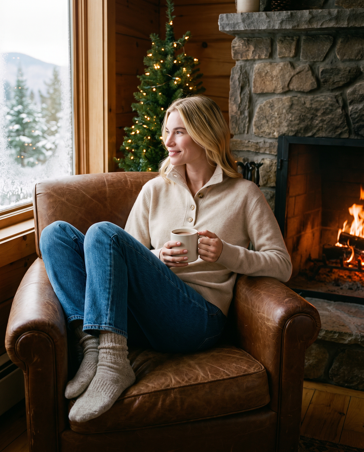 Women's Cashmere Stand Collar Sweater in Oatmeal worn by the fireplace in a cozy winter cabin