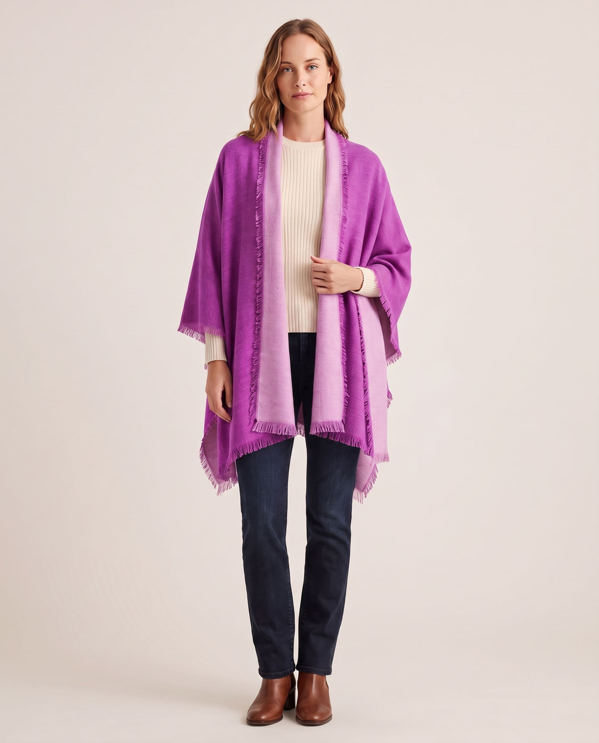 Women's Oversized Cashmere Wrap Scarf in Orchid / Petal, studio front