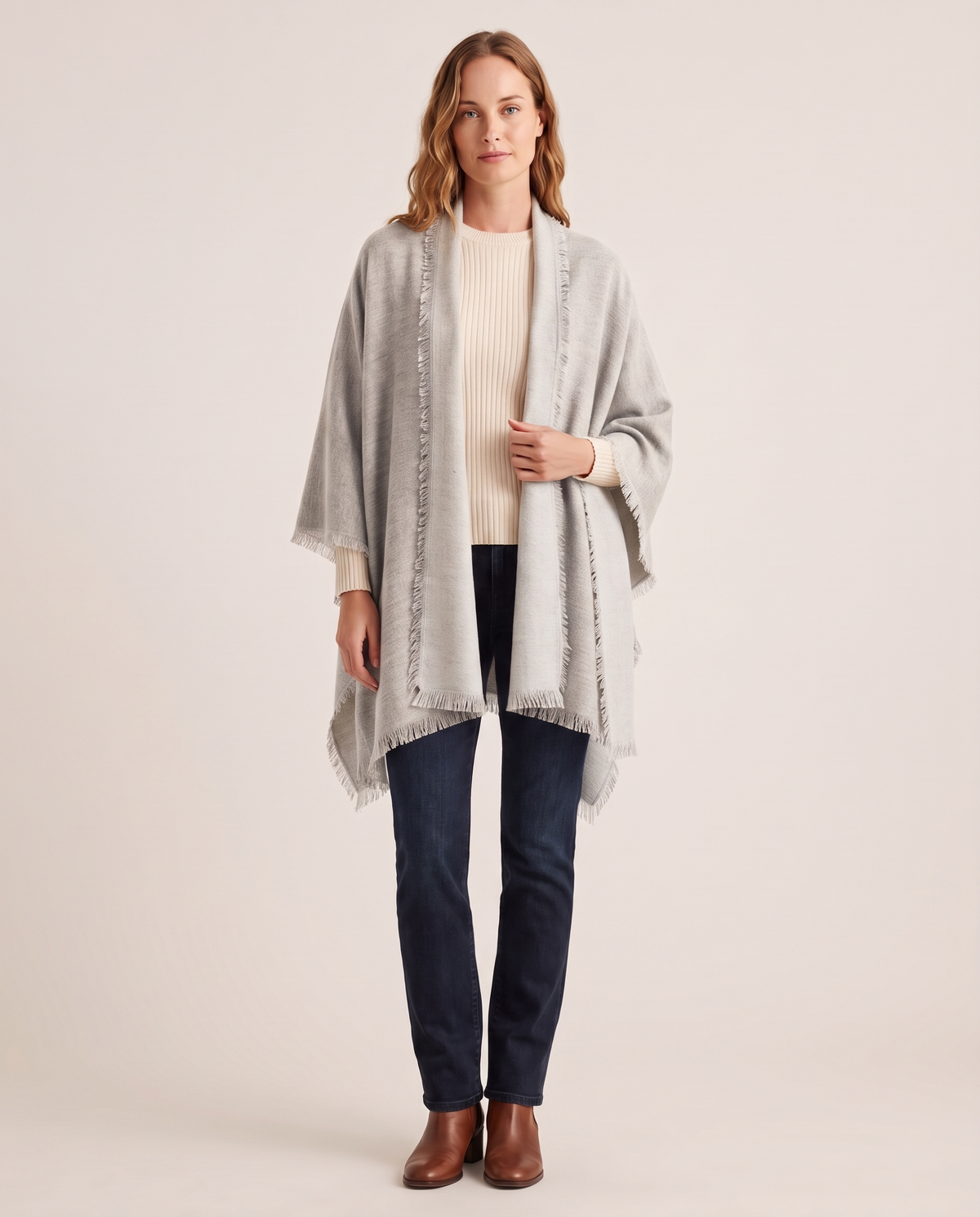 Women's Oversized Cashmere Wrap Scarf in Heather Grey / Mist, studio front