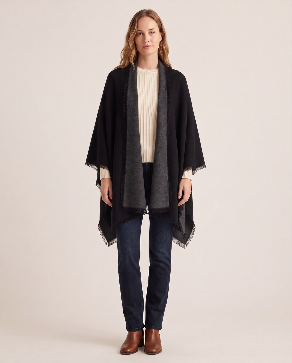 Women's Oversized Cashmere Wrap Scarf in Black / Smokey Charcoal, studio front