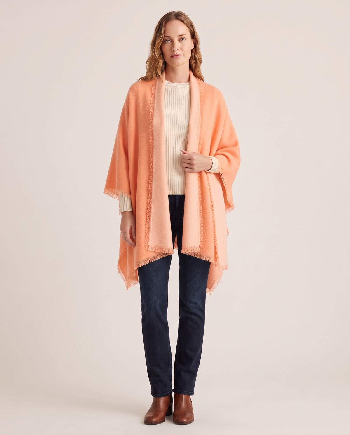 Women's Oversized Cashmere Wrap Scarf in Melon / Peach, studio front