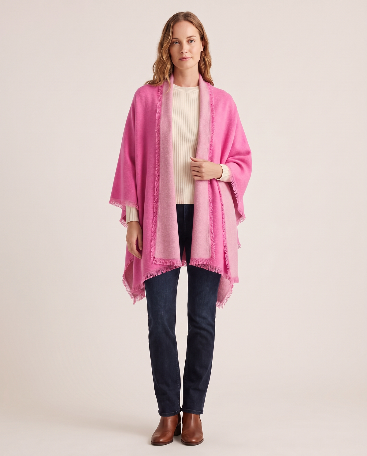 Women's Oversized Cashmere Wrap Scarf in Bubblegum Pink / Dusty Rose, studio front