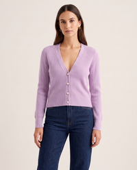 Women's Cashmere V-Neck Cardigan in Lavender Lilac, studio front