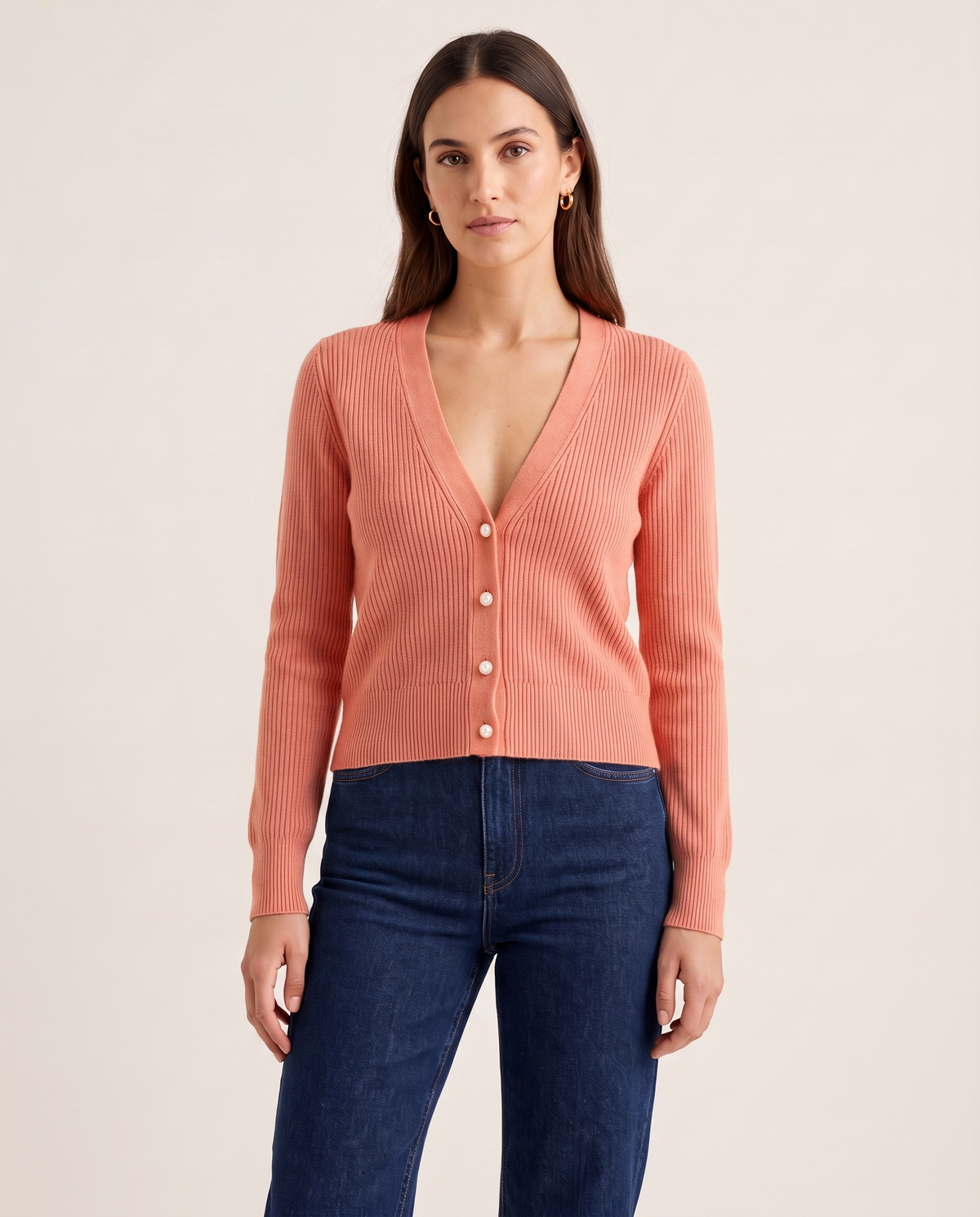 Women's Cashmere V-Neck Cardigan in Peach Passione, studio front