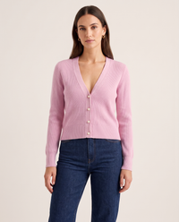 Women's Cashmere V-Neck Cardigan in Blush Pink, studio front