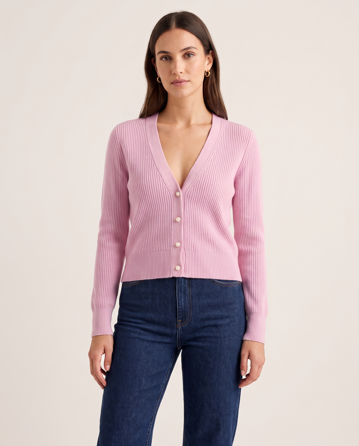 Women's Cashmere V-Neck Cardigan in Blush Pink, studio front
