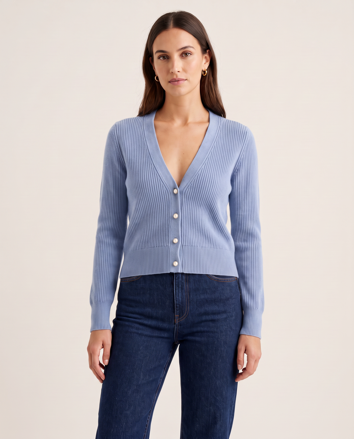 Women's Cashmere V-Neck Cardigan in Praiano Blue, studio front