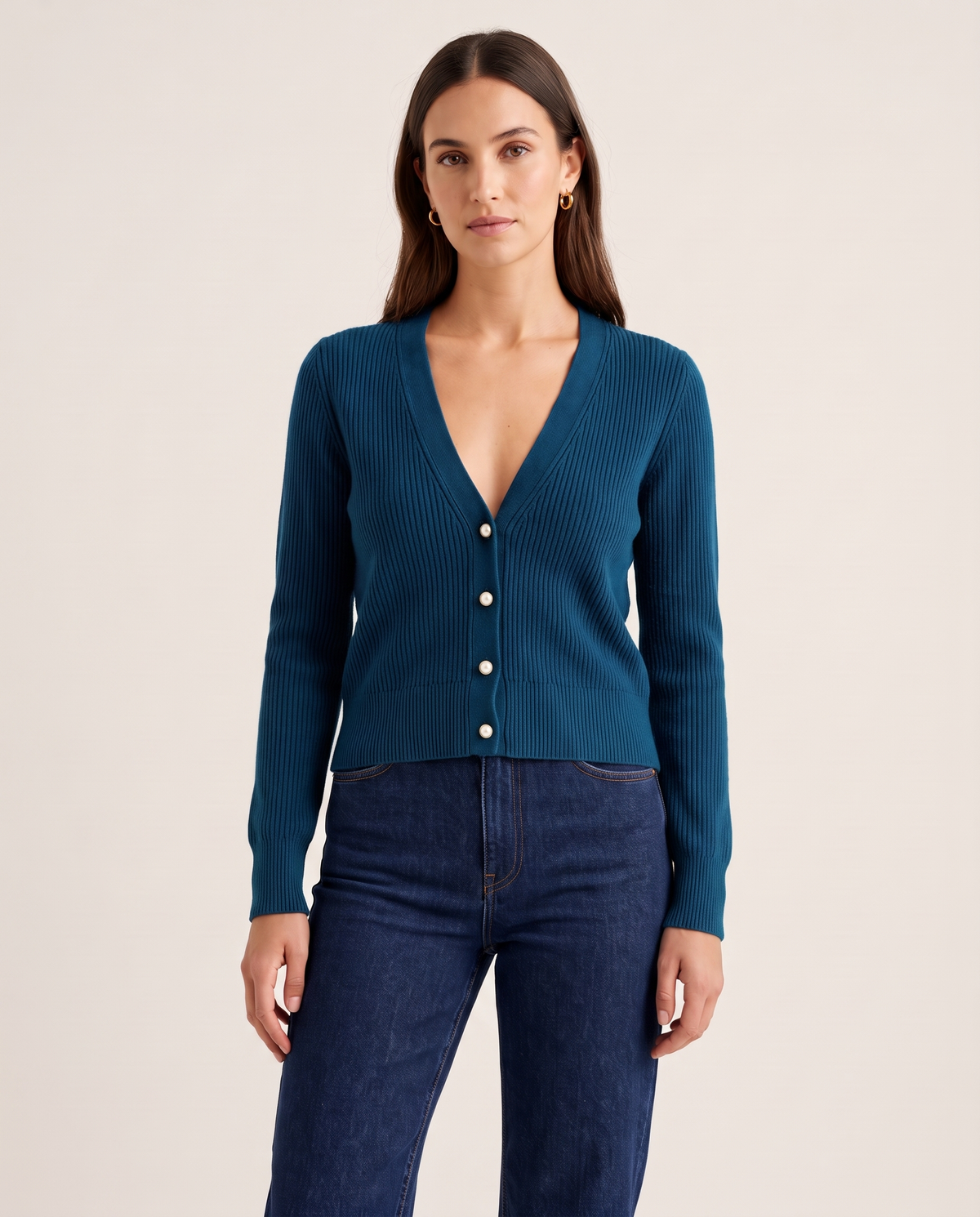 Women's Cashmere V-Neck Cardigan in Lake Blue, studio front
