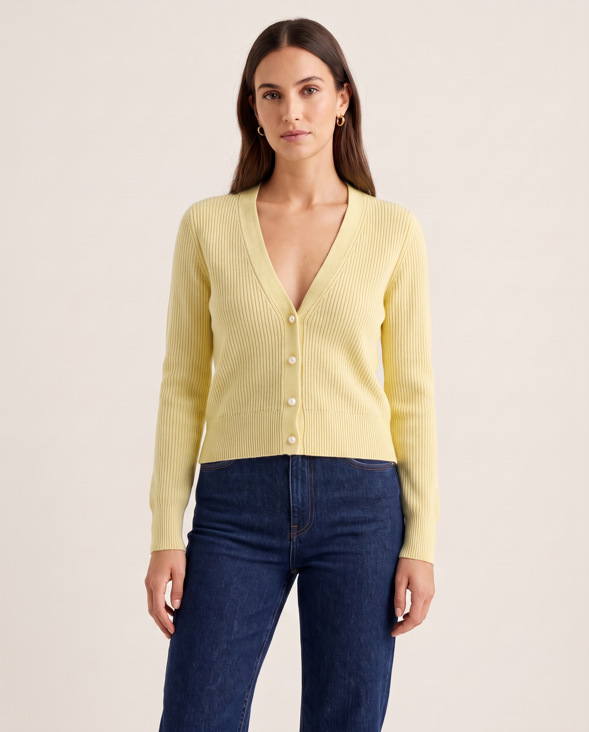 Women's Cashmere V-Neck Cardigan in Limoncello, studio front