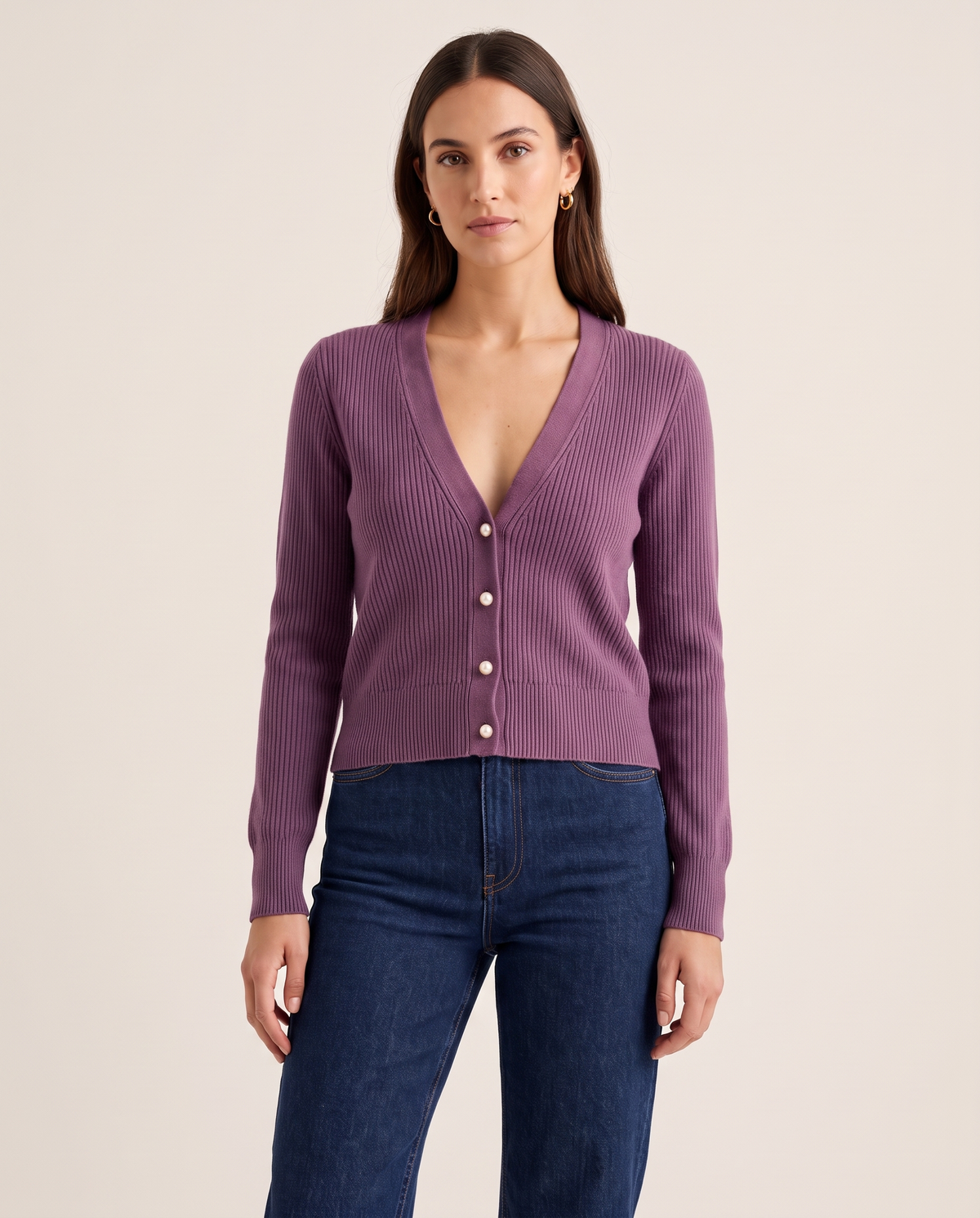 Women's Cashmere V-Neck Cardigan in Aubergine Purple, studio front