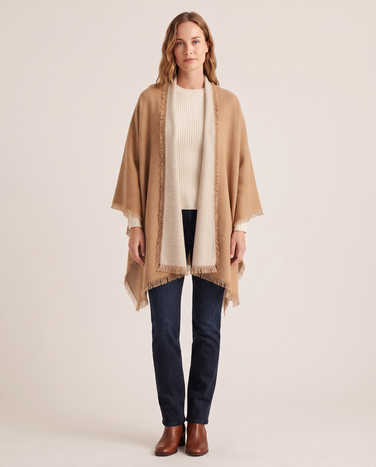 Women's Oversized Cashmere Wrap Scarf in Camel / Beige, studio front