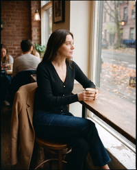 Women's Cashmere V-Neck Cardigan in Caviar Black, latte at a West Village cafe window in late autumn