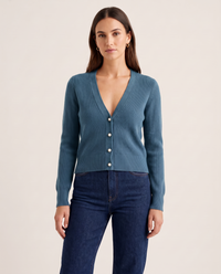 Women's Cashmere V-Neck Cardigan in Turquoise, studio front
