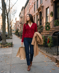 Women's Cashmere V-Neck Cardigan in Red, holiday shopping on a Brooklyn brownstone street
