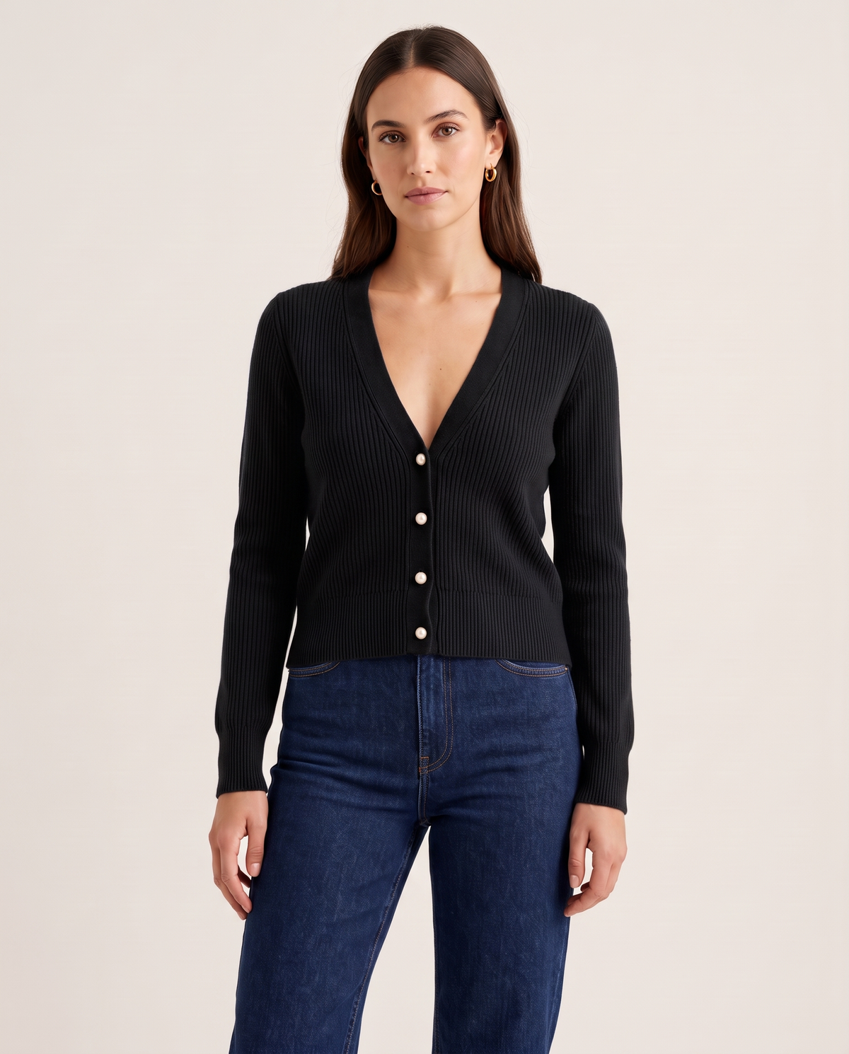 Women's Cashmere V-Neck Cardigan in Caviar Black, studio front