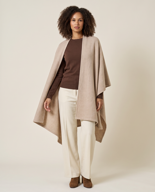 Women's Herringbone Blanket Shawl in Wheat, studio front