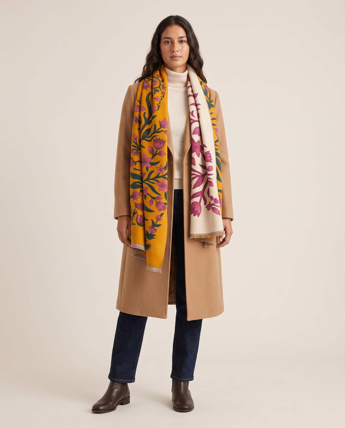 Women's Reversible Botanical Blanket Scarf in Yellow, studio front