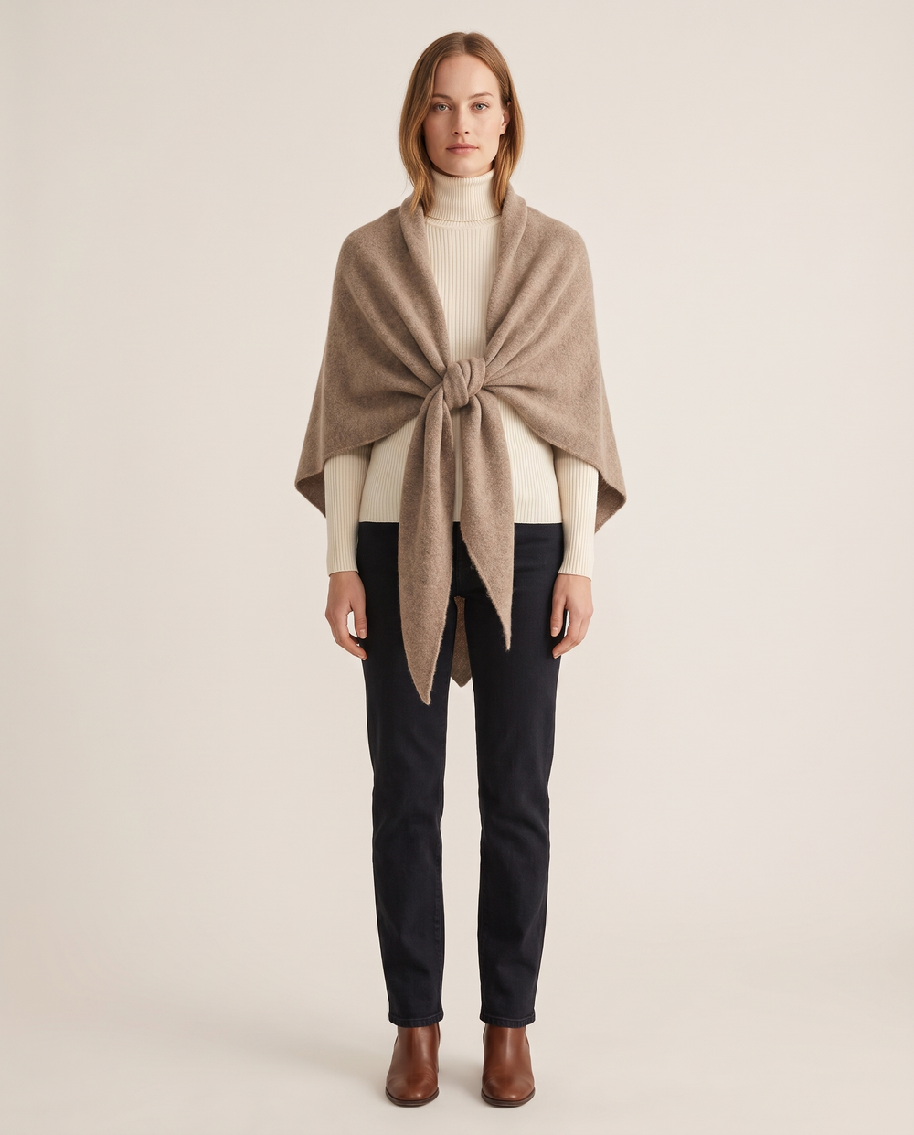 Women's Knit Triangle Shawl in Camel, studio front, knotted at the chest