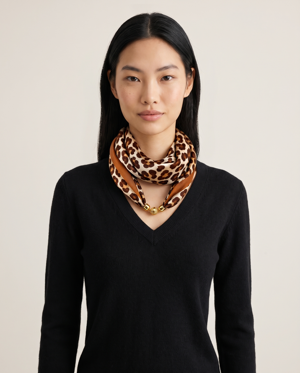 Women's Silky Leopard Neck Scarf in Brown, studio front